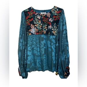 Ania A Embroidered Sheer Burnout Jacquard Balloon Sleeve Teal Kimono-L-Boho